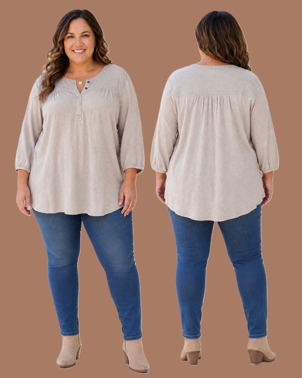 Lucky Brand Embroidered Henley Peasant Tunic Top 1X Beige Boho NWT